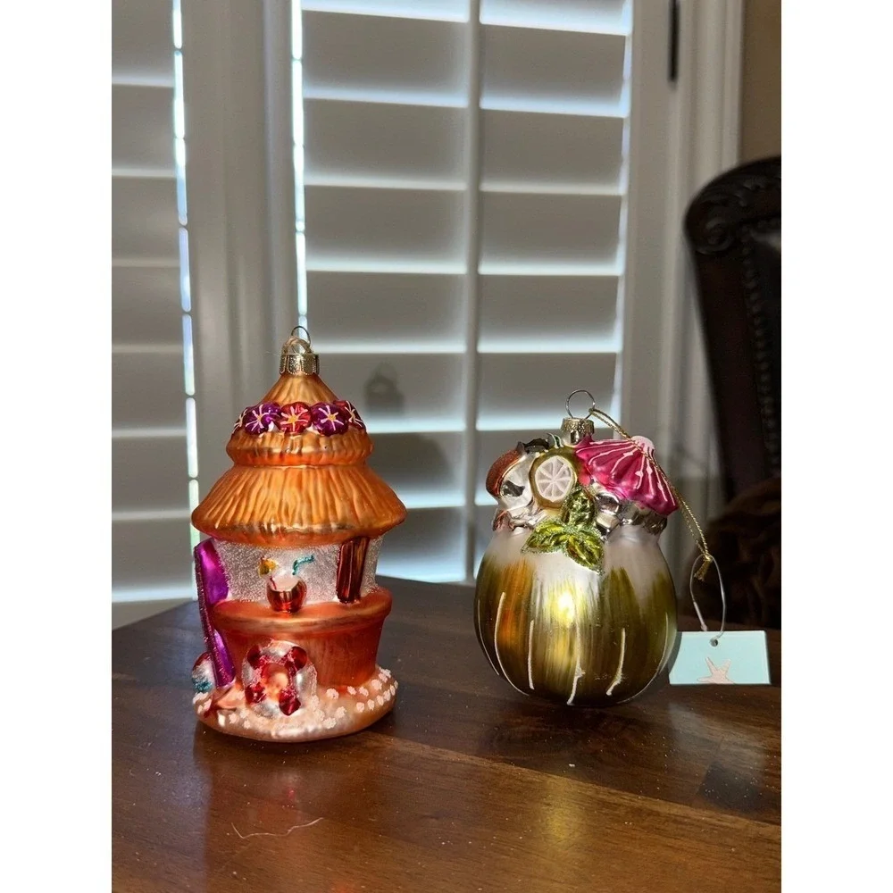Tropical Beach Hut & Tiki Bar Glass Ornaments Set Holiday Christmas xmas